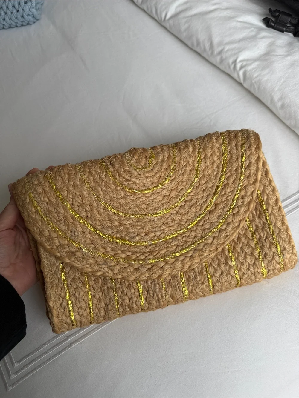 Woven Straw Clutch with Metallic Gold Accents - Natural